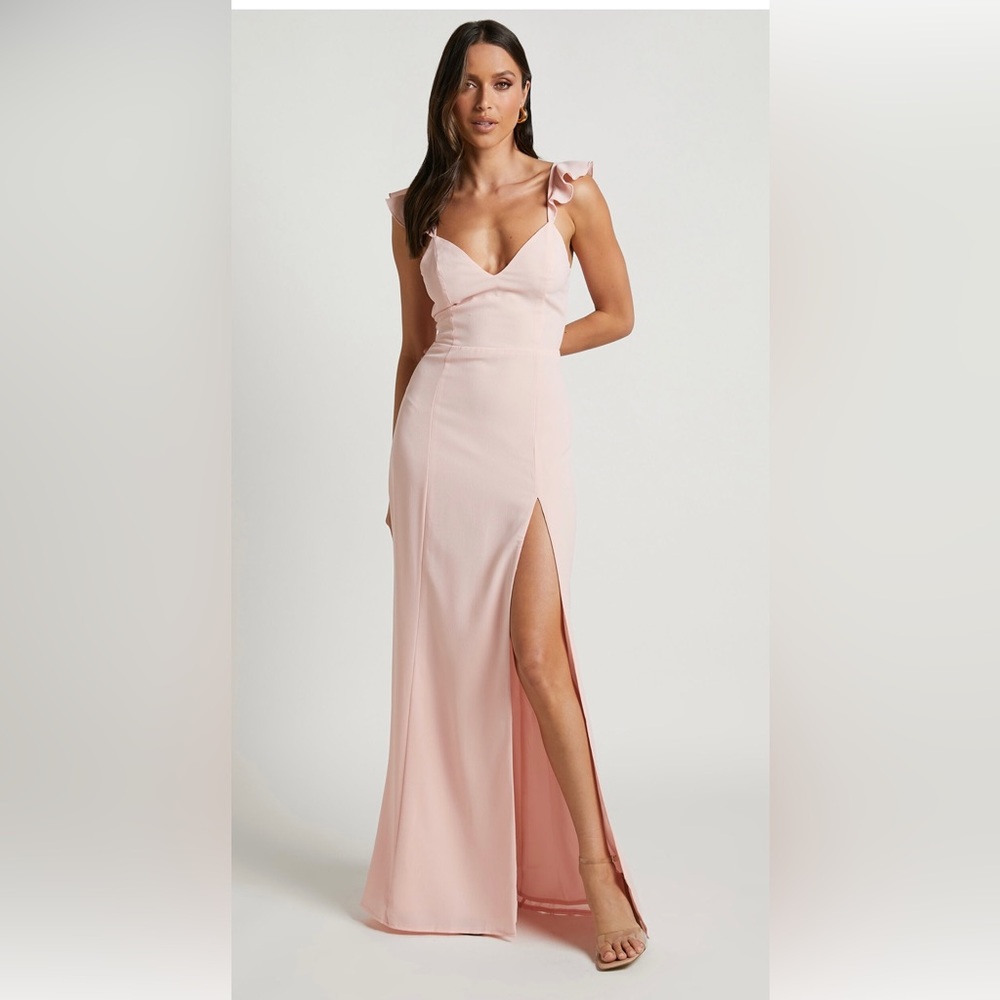 MORE THAN THIS RUFFLE STRAP THIGH SPLIT DRESS IN BLUSH by SHOWPO | size 6